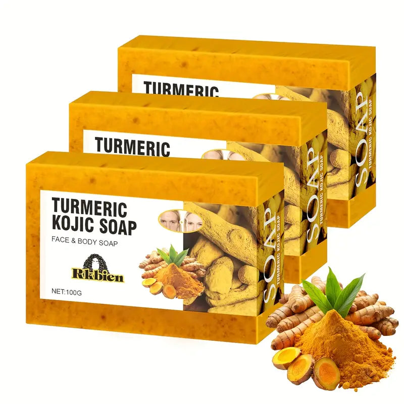 3pcs Turmeric Lemon Kojic Acid Soap 100g, Suitable For Face, Bath And Facial Soap, Handmade Soap