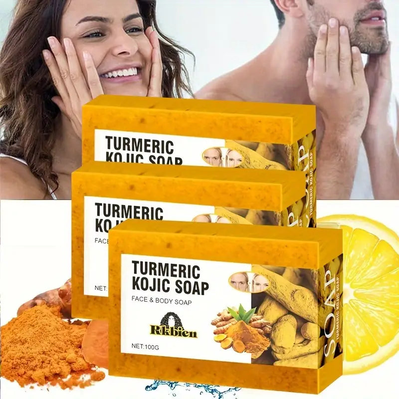 3pcs Turmeric Lemon Kojic Acid Soap 100g, Suitable For Face, Bath And Facial Soap, Handmade Soap
