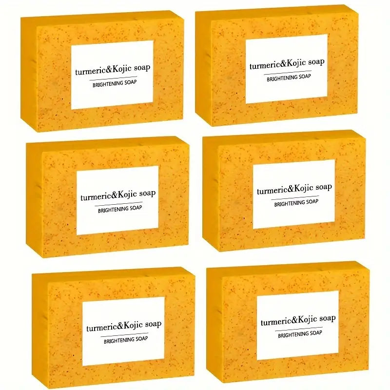 A 6-piece set of turmeric, lemon, and kojic acid soaps for radiant, moisturized skin. Gentle enough for face and body. Unisex. Cleanse, nourish, glow.