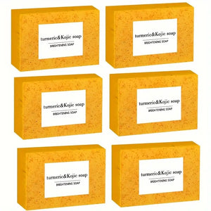 A 6-piece set of turmeric, lemon, and kojic acid soaps for radiant, moisturized skin. Gentle enough for face and body. Unisex. Cleanse, nourish, glow.