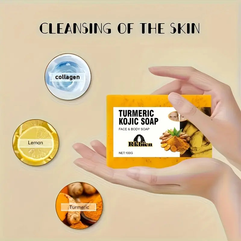 3pcs Turmeric Lemon Kojic Acid Soap 100g, Suitable For Face, Bath And Facial Soap, Handmade Soap