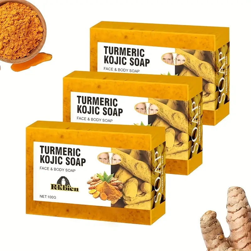 3pcs Turmeric Lemon Kojic Acid Soap 100g, Suitable For Face, Bath And Facial Soap, Handmade Soap