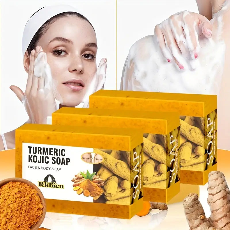 3pcs Turmeric Lemon Kojic Acid Soap 100g, Suitable For Face, Bath And Facial Soap, Handmade Soap